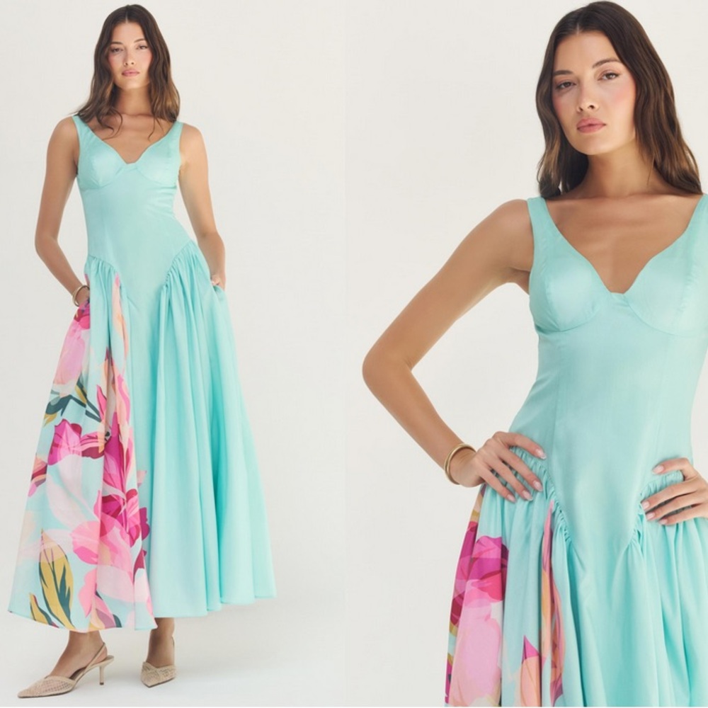 Aqua Floral Panel Maxi Dress - Women